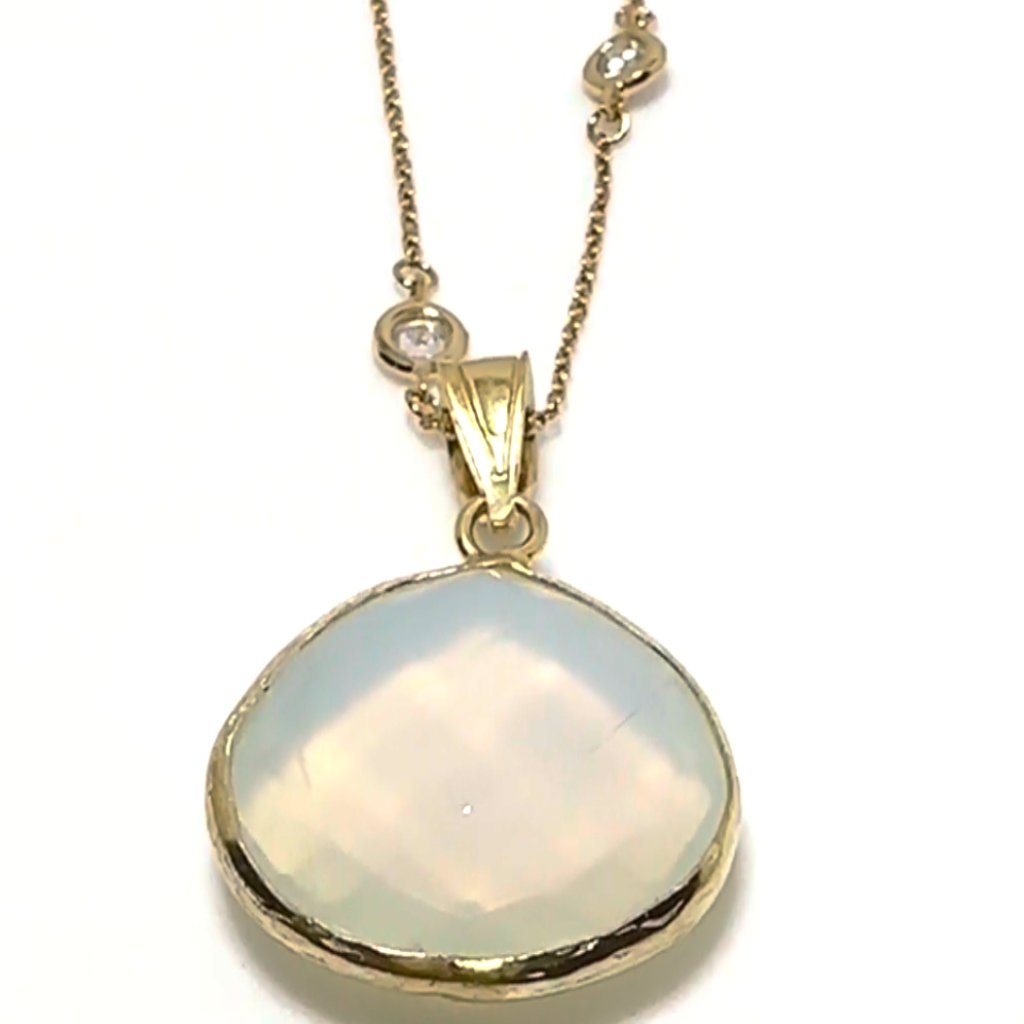 2pcs-Ab Opal Crystal Oval Pendant On A Gold Cz 18 Inch Nothing Necklace 150$